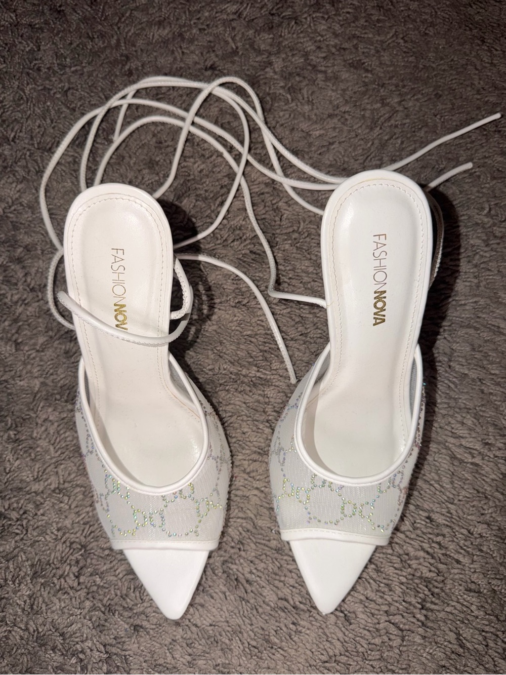 Fashion Nova White Pointed Toe Lace-Up Heels with Crystal Detail